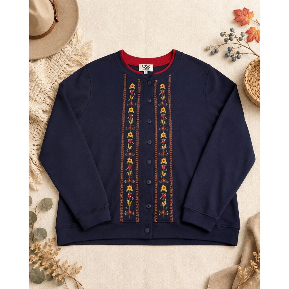 C&K Designs Women 1X Navy Embroidered Button Front Cardigan NWT